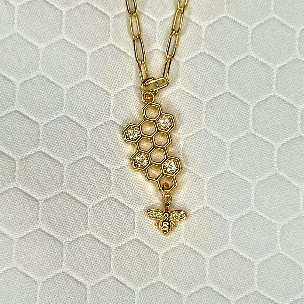 18K Gold Filled Pave CZ Honeycomb Charm with 14K GF 22” Paper clip chain